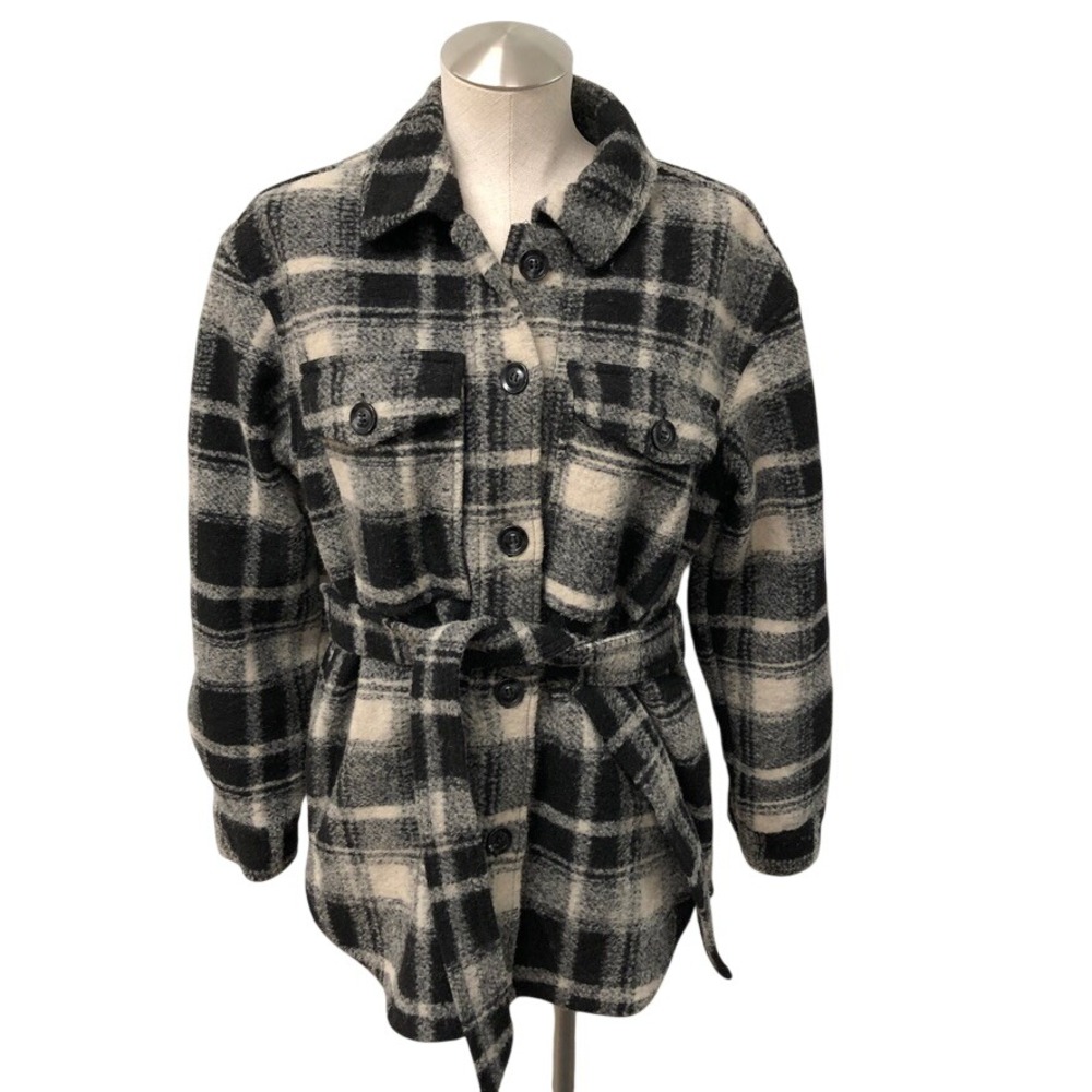 Sanctuary Shacket Womens XS Black White Plaid Belted Wool Jacket Cottage Cabin